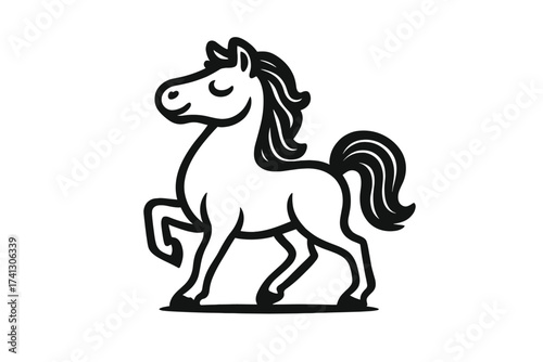 Cute elegant proud horse marching. Vector animal doodle logo. Stallion character icon. Happy pony mascot walking. Simple black and white equestrian farm animal logotype design.