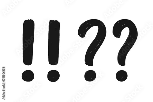 Hand drawn exclamation and question marks set. Marker brush stroke doodle style. Black punctuation symbols for attention, warning, idea, question, communication concept art.