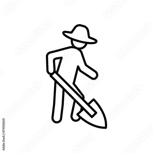 Line drawing of a person wearing a hat and digging with a shovel