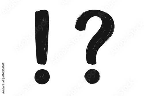 Hand-drawn exclamation and question mark set. Black brush stroke punctuation symbols. Concept for problem and solution, doubt, FAQ, attention, warning, idea, communication.