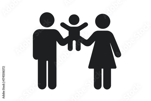 Family icon with parents holding a child. Vector symbol of motherhood, fatherhood, and parenthood. Man, woman, and baby pictogram. Concept of love, care, adoption, and unity.