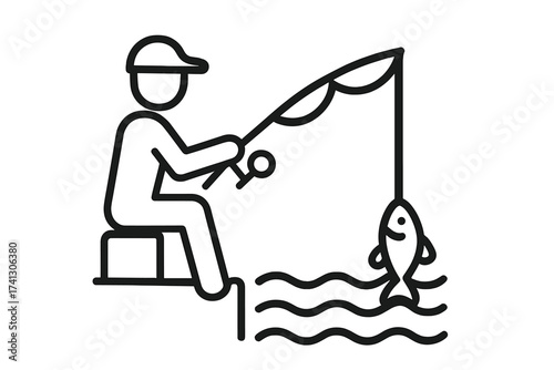 Fisherman catching a fish vector line icon. Simple outline symbol for fishing hobby and outdoor leisure activity. Man with fishing rod on a pier. Angler success concept.