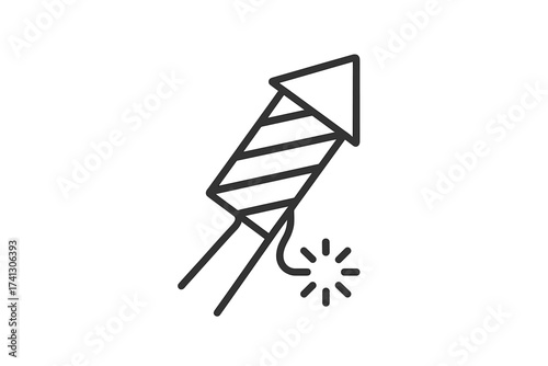 Firework rocket icon vector line art illustration. Festive pyrotechnic object for celebration, party, New Year's Eve, or 4th of July. Simple outline symbol with lit fuse.