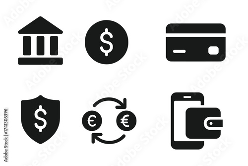Finance and payment glyph icon set. Vector symbols for money, banking, credit card, security, currency exchange, and mobile wallet. Icons for UI and UX design, web, and apps.