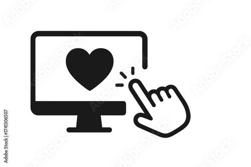 Hand cursor clicking a heart icon on a computer screen. Concept of social media likes, online dating, customer feedback, favorite button, or charity and donation symbol.