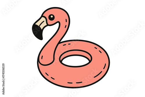 Inflatable flamingo swimming pool ring. Tropical summer bird float for vacation and water activities. Rubber buoy object for beach party fun. Isolated vector illustration.