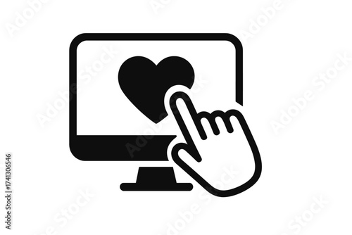 Hand cursor clicks heart icon on computer screen. Social media like button, online dating app concept. Love, favorite, or charity donation symbol. Vector illustration.