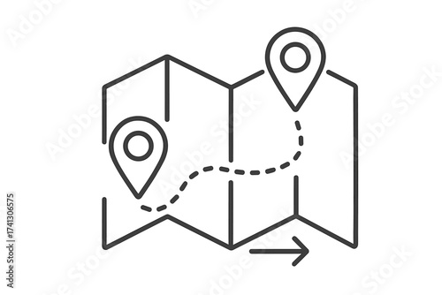 Map route with location pins. Gps navigation. Trip, journey, travel concept. Destination and direction. Start to finish path. Transportation and logistics. Thin line vector icon.