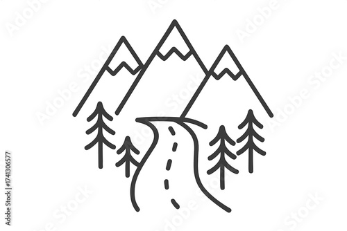 Mountain road icon. Winding highway path going to the peaks through a pine forest. Thin line vector illustration. Concept for travel, adventure, journey, vacation, road trip.