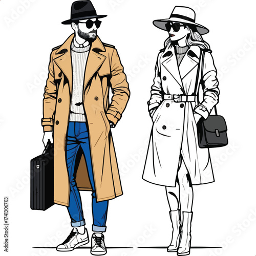Stylish Couple in Trench Coats and Hats: Fashion, Male and Female Models, Sketch Vector