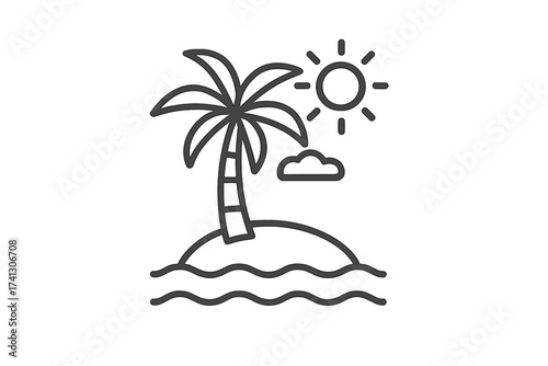 Palm tree on island with sun and ocean waves vector line icon. Simple outline symbol for summer vacation, tropical destination, holiday, beach, travel, paradise, seaside.