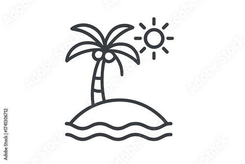 Tropical island with palm tree line icon. Vector of summer vacation, holiday destination. Paradise beach, ocean travel symbol. Sunny day, relax, escape concept. Isolated.