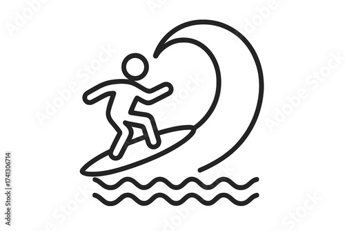 Surfer riding a big ocean wave. Line icon of a person on a surfboard. Summer water sport and vacation activity concept. Simple vector illustration for surfing theme.