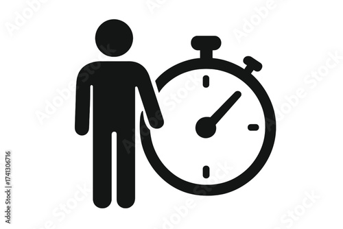 Person with stopwatch vector icon. Business concept of time management, efficiency, productivity, meeting deadlines. Employee performance, speed, and countdown timer symbol.