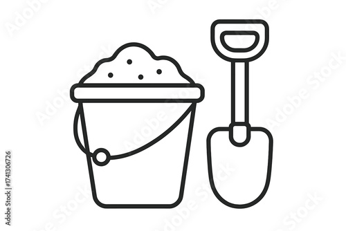 Sand bucket and shovel line icon. Children's beach toys for summer vacation and leisure. Kids playground or sandbox play equipment. Simple vector pail and spade outline.