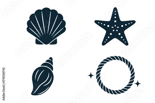 Maritime icon set with seashell, starfish, and nautical rope frame. Vector collection of sea life symbols for summer beach vacation, travel and coastal marine design elements.