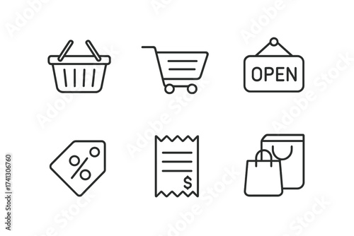 Shopping and retail thin line icon set. E-commerce and online store elements. Supermarket basket, cart, open sign, discount tag, bill, and bags. Outline vector icons for UI/UX.