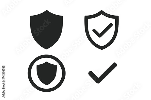 Shield with check mark icon set. Security, protection, and safety symbol collection. Vector graphic for web antivirus, data privacy, insurance guarantee, and quality certified.