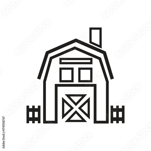 Outlined barn with gambrel roof chimney front windows and fence