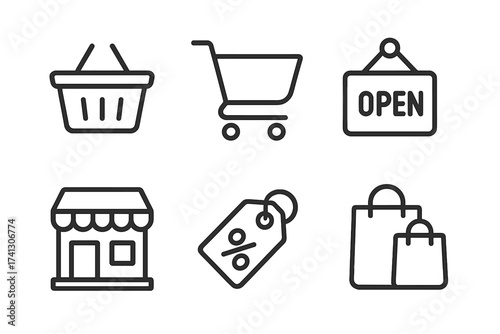Shopping line icon set for ecommerce and retail. Vector collection includes supermarket basket, cart, storefront, open sign, discount tag, and bags for UI UX design elements.
