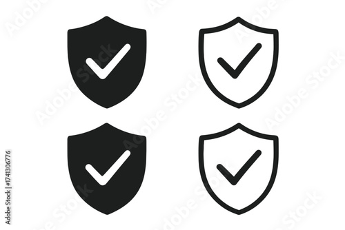 Shield with checkmark icon set. Security, protection, and safety concept. Vector graphic element for web antivirus, data privacy, and insurance. Secure, approved, and verified.
