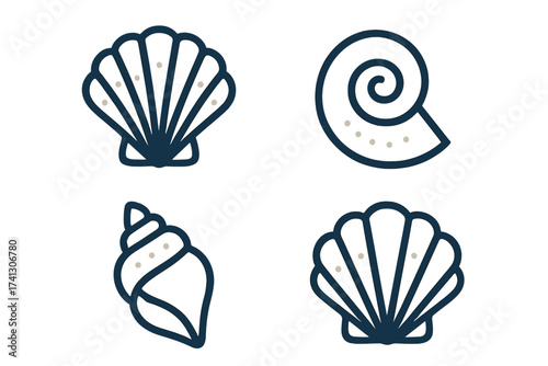 Seashells vector icon set. Collection of elegant maritime symbols. Clam, scallop, conch, spiral shell line art. Marine life illustration for beach, sea and summer concepts.