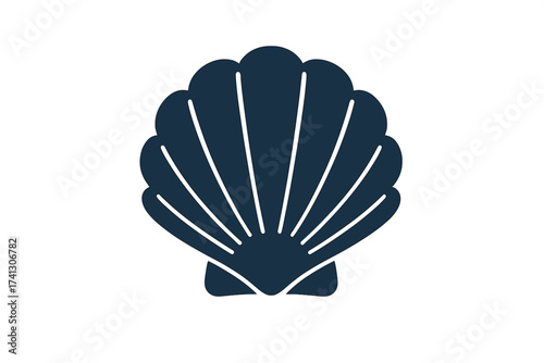Seashell scallop silhouette icon. Elegant marine symbol for beach, sea, and ocean life. Maritime nature concept for summer vacation. Simple vector logo. Nautical clam graphic.