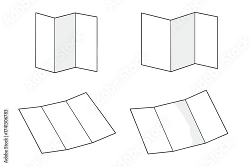 Tri-fold brochure mockup vector template set. Blank folded A4 flyer for corporate business presentation. Leaflet, pamphlet advertising layout. Isolated collection on white background.