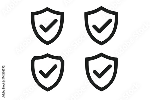 Shield security with checkmark icon set. Vector graphic elements for web antivirus, protection and insurance. Safety, guarantee and verification badge. Approved symbol.
