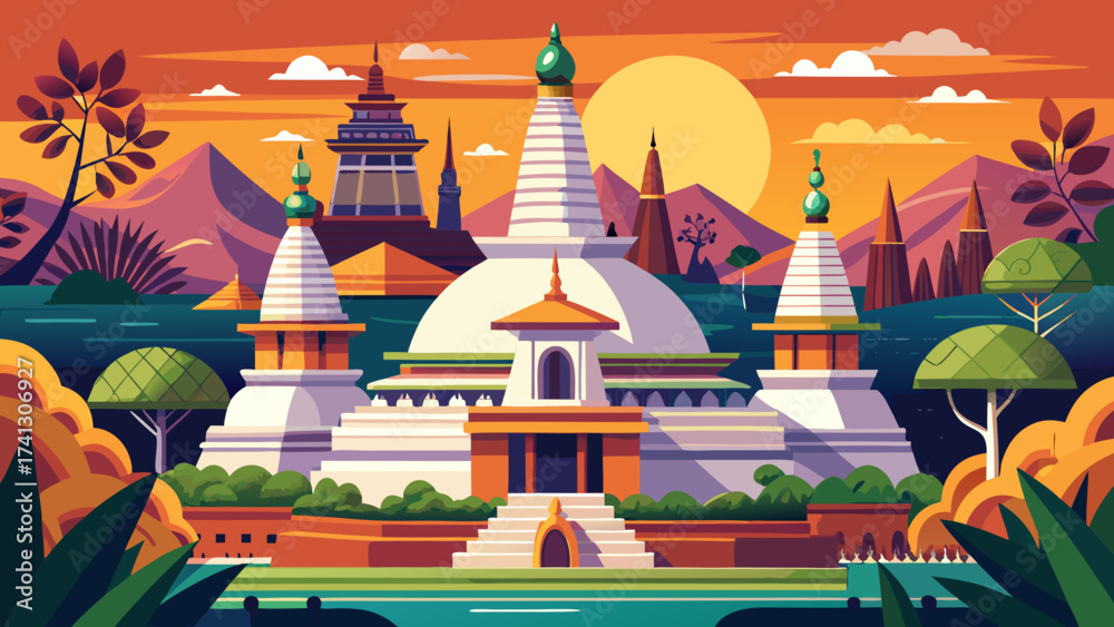 Naklejka premium The Sacred City of Anuradhapura in Sri Lanka is adorned with towering stupas, ancient monasteries, and ceremonial ponds, representing centuries of Buddhist devotion and architectural sophistication.