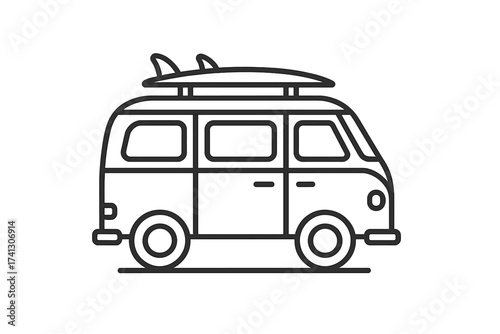 Retro summer surf van with surfboards. Camper bus for beach vacation and road trip adventure. Hippie travel vehicle icon. Outdoor lifestyle and surfing concept line art vector.