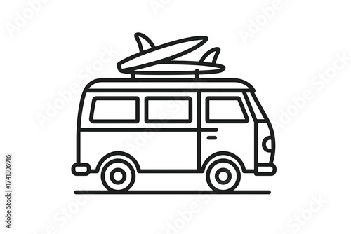 Summer travel van with surfboards on roof rack. Retro camper bus for beach vacation and surfing adventure. Hippie lifestyle road trip concept. Line art vector icon.