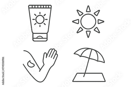 Sunscreen skin cream tube vector icon, sunblock for body protection illustration, sun sunray symbol, arm with lotion drop, beach umbrella and towel line art, outdoor summer essentials vector