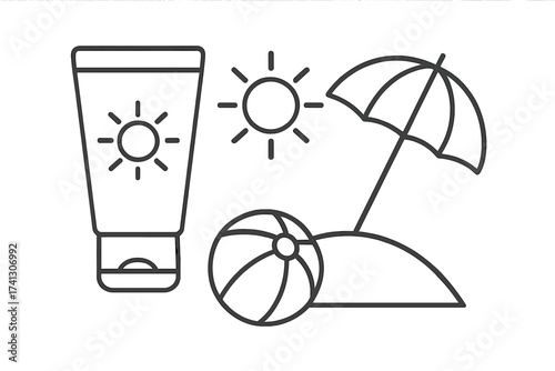 Sunscreen skin cream tube with sun symbol, sunblock for sun protection, beach umbrella and ball, outdoor summer and sun safety vector illustration, thin line style