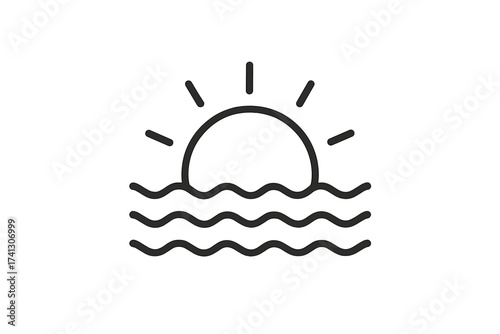Minimalist sunset in the sea icon, vector thin line illustration with sun setting over ocean waves, transparent background, simple ocean horizon landscape design for summer, travel, and nature themes