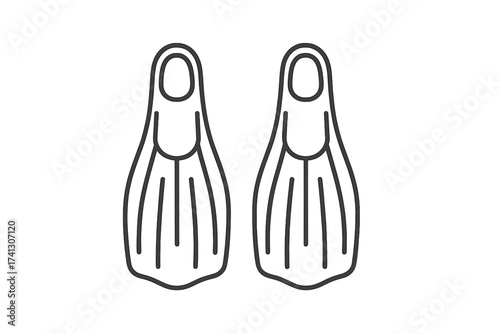 Pair of swimming and diving fins for water sports, beach vacations, summer hobbies, snorkeling, and aquatic activities. Vector thin line illustration with two flippers.