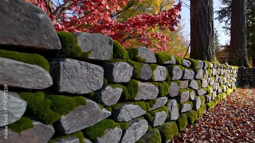 Moss-covered stone wall beside red dogwood shrubs and tall chestnut trees in autumn forest