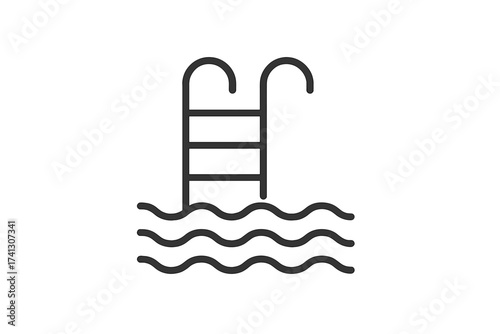 Swimming pool thin line icon with ladder, stairs and water waves. Vector illustration for community pools, hotels, resorts, camping sites, summer vacations, sport and leisure activities