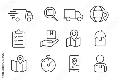 Thin line delivery icons set for web, mobile, apps. Express delivery, package tracking, global shipping, logistics symbols, map location, stopwatch, parcel handling, mobile tracking.
