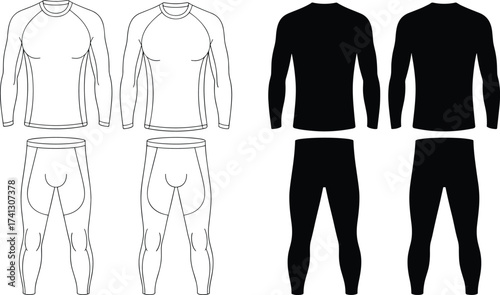 Men thermal base layer outfit vector, long sleeve top and leggings technical flat sketch, athletic wear CAD drawing template