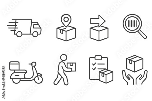 Thin line delivery vector icons set for website and mobile app design. Includes express delivery, package tracking, parcel, scooter courier, shipping, and logistics outline icons