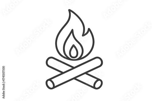 Campfire icon with thin line design for outdoor adventures, camping, summer vacations, bonfire on crossed logs, simple vector illustration with transparent background