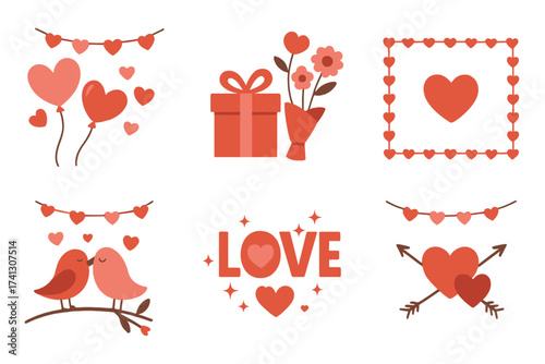 Valentine's Day Social Media Cover Templates with Heart Balloons, Garland, Gift Box, Flower Bouquet, Love Frame, Romantic Birds Kissing, Love Text, and Cupid's Arrow Decorations