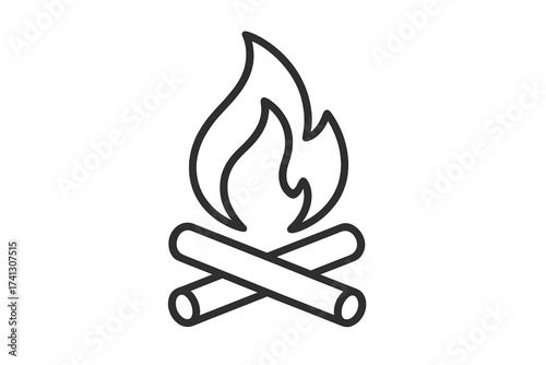 Vector campfire icon, thin line illustration, outdoor adventures symbol, camping fire on logs, summer vacation campfire graphic, transparent background