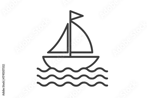 Minimalist sailboat line icon with waves, marine and ocean vector illustration, boat sailing on water with wind, nautical travel and sea adventure symbol