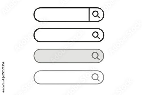 Search bar vector icons with magnifying glass in four modern styles. Minimalistic search interface design elements, web UI toolkits, digital search concept with transparent background.