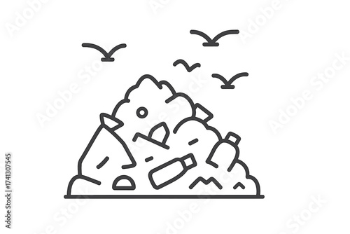 Linear outline vector illustration of garbage pile landfill with seagulls flying above, pollution and waste concept, trash heap in environment, waste dump icon