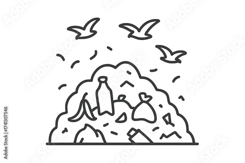 Thin line icon of garbage pile landfill with seagulls flying above, linear stroke illustration of trash heap with waste bags, bottles, banana peel, and environmental pollution concept