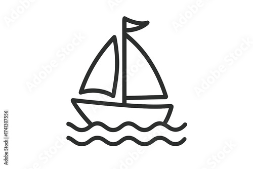 Minimalist black line sailboat icon sailing on ocean waves, marine and nautical vector illustration with wind-filled sails and flag, sea travel and boating concept