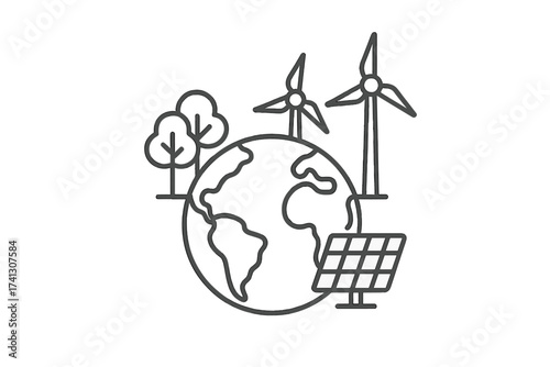 Minimal thin line icon of planet Earth globe with wind turbines, solar panel, and trees symbolizing renewable energy, clean environment, sustainability, and eco-friendly technology concepts